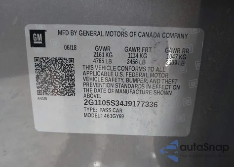 2018 Chevrolet Impala Lt из США, поврежденный, VIN 2G1105S34J9177336